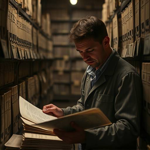 Imagen de un investigador examinando documentos históricos relacionados con celdas de prisión, en un archivo antiguo.
